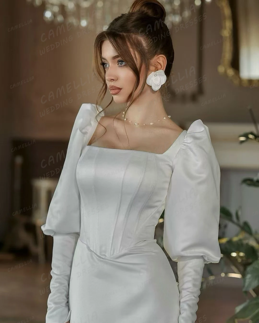 Simple Satin Wedding Dresses Women's Mermaid Sexy Fluffy Long Sleeve Boat Neck Bridal Gowns Formal Elegant Vestidos De Novias