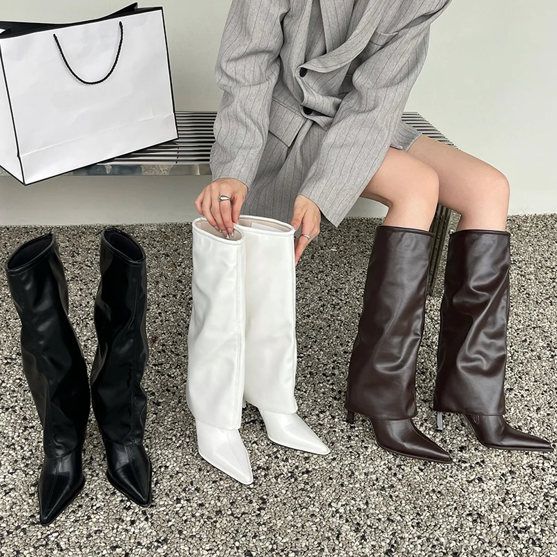 Womens Pumps Long Boots Stretch Fabric Western Knee-High Ladies Long Boots For Footwear Slip On 2024 Thin Heels Female Shoes