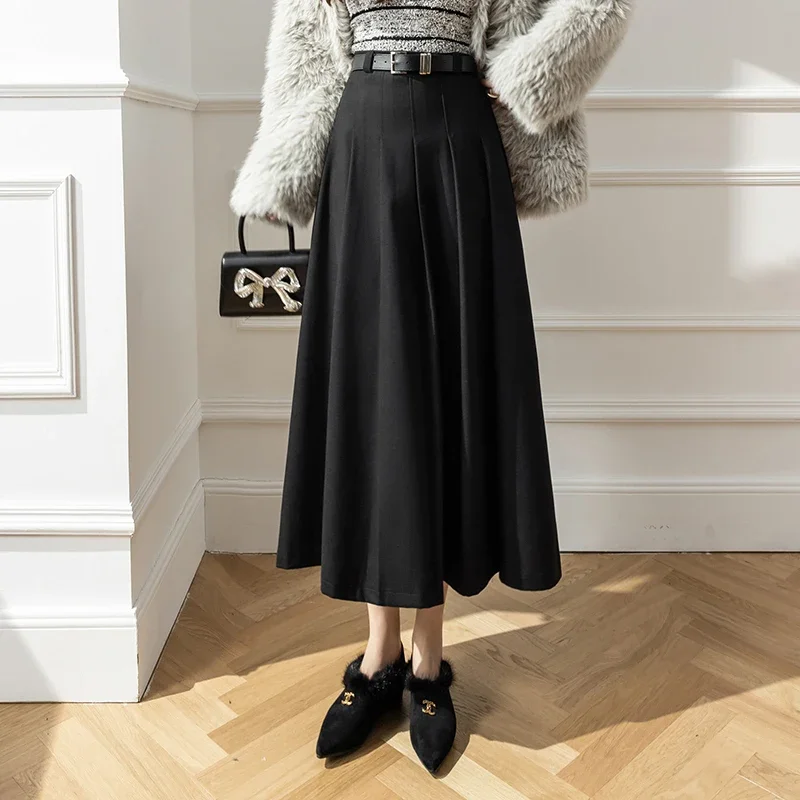 

Woolen Solid Pleated Folds High Waist with Belt Women's Skirt Korean Fashion Mid-Calf Long Skirts for Women Autumn Winter M148