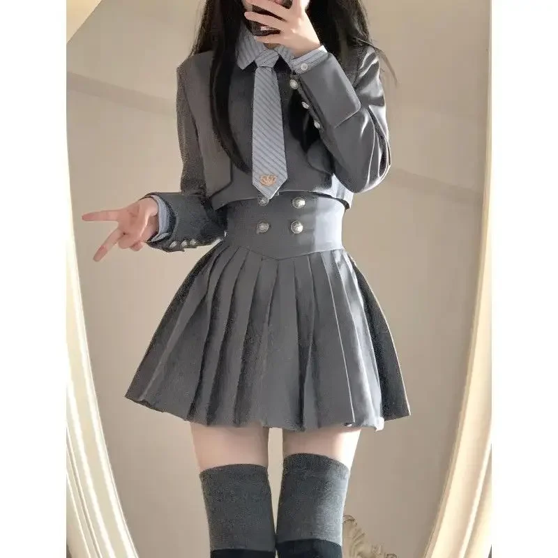 Uniforme de Corea de estilo universitario, camisa de manga larga, traje corto, chaqueta de cintura alta, Falda plisada, conjunto de tres piezas a la moda, s787, 2024