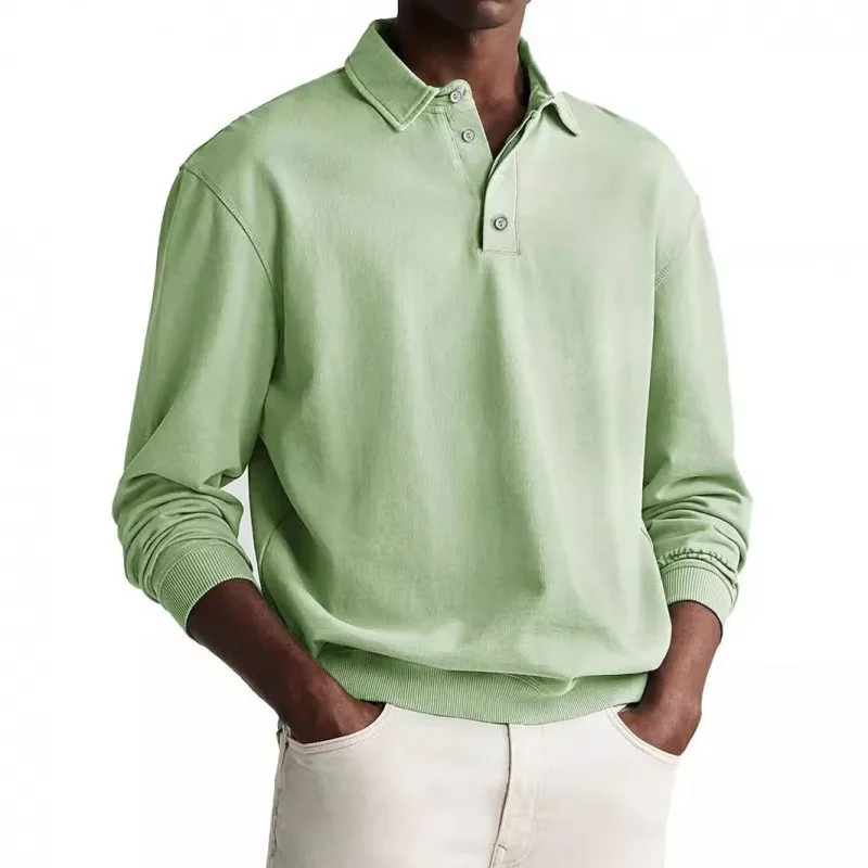 Men Washed Long Sleeve Polo Sweatshirt Buttons Placket Collared Pullover Casual Tops For Autumn Spring