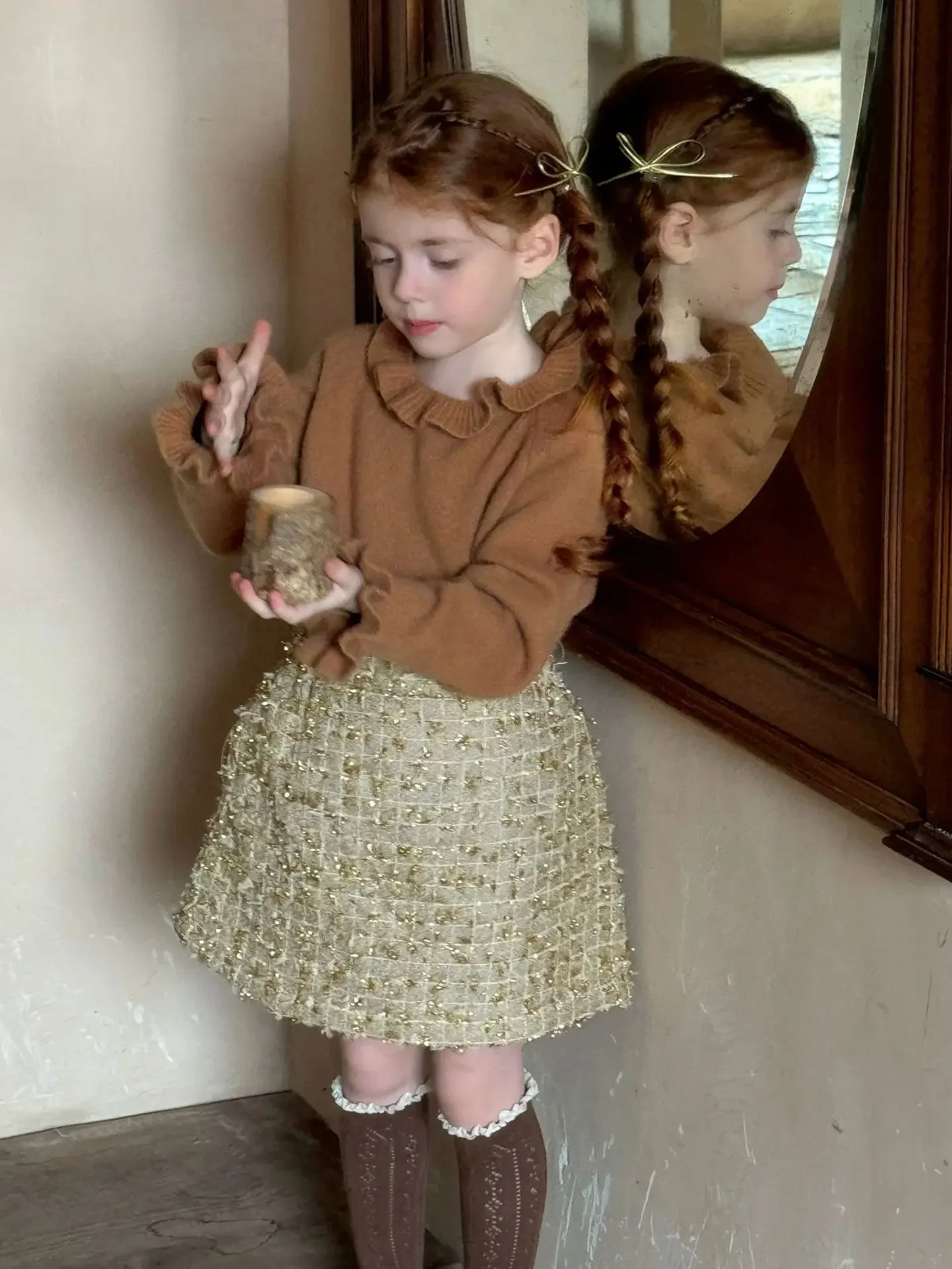 女の子のための金色の光沢のある綿のクリップスカート,暖かいウールのスカート,ゴージャスな服,冬,秋