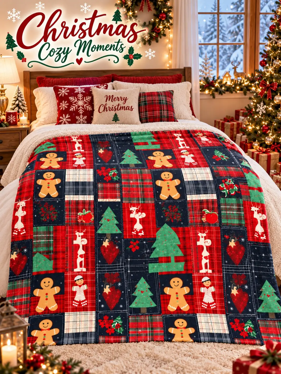 Christmas Flannel Blankets & Throws Gingerbread Tree Reindeer Icons Sofa Bed Couch Nap Home Decor Living Room Bedroom Guestroom Dorm Travel Camping Reading Office Lounge Picnic Family Friends Gift Housewarming Birthday Anniversary Holiday Season