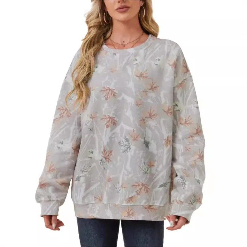 Fashion Camo Sweatshirt Womens Maple Leaf Print Oversized Camo Fleece O-neck Pullover Streetwear For Women\'s Hoodie Outdoor Wear