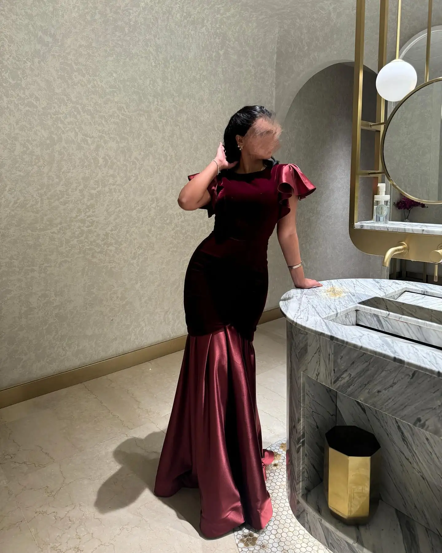 Robe De soirée De forme sirène, col rond, en velours et Satin, personnalisée, classique, manches courtes, plis