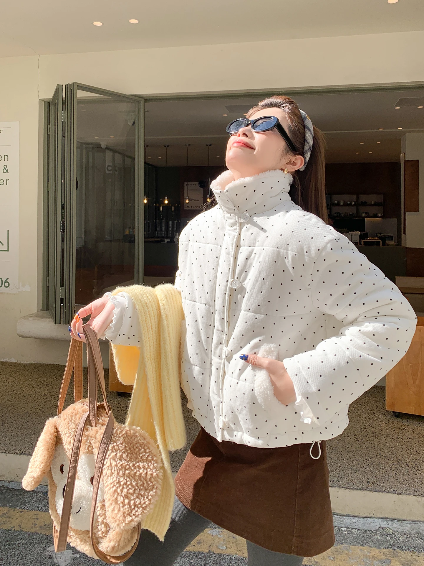 

Zeng Xiao Xian Korean Sle Thiened Cotton Jaet Women's Winter Loose Warm Stand Collar Polka Dot Coat Long Sve Zipper