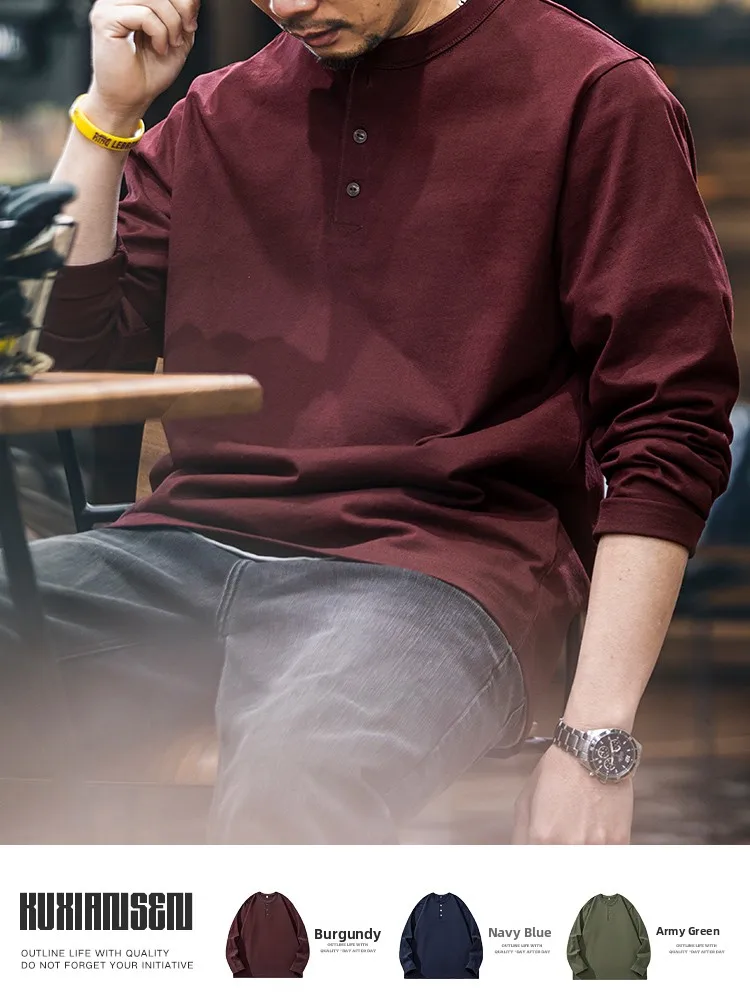 

American Style Henry Collar Long Sleeve T-Shirt Men's Spring Autumn Loose Large Size Pure Cotton Base Shirt Retro Top