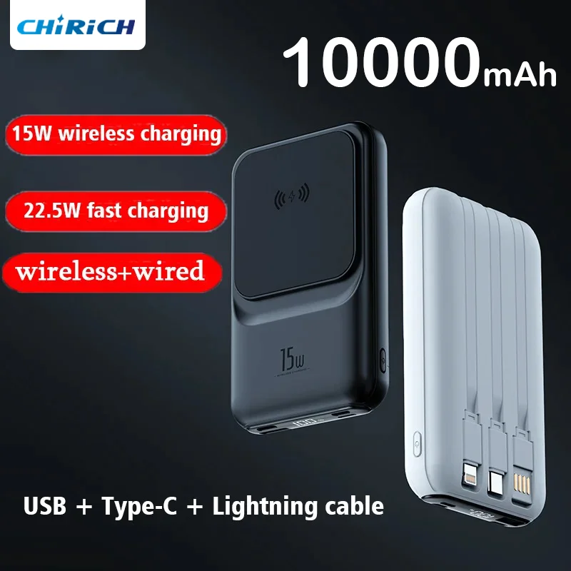 

Magnetic Wireless 10000mAh Power Bank With Cable PD20W Fast Charger USB C External Spare Battery For iPhone 15 Xiaomi Samsung