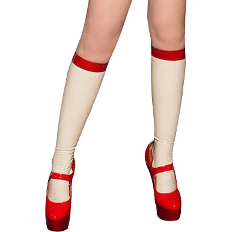 Bas en Latex et Caoutchouc Blanc avec Garnitures Rouges pour Femme, Cuissardes, Chaussettes Personnalisées, Catsuit Sexy, 0.4mm