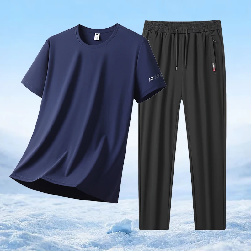 

Summer Lightweight and Breathable Men's Daily Casual Sportswear Fashion Trend Ice Silk Short Sleeved T-shirt Casual Pants Set
