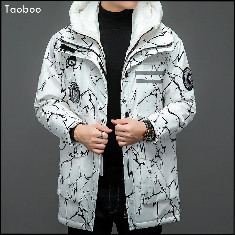 Taoboo 2023 de alta qualidade jaqueta inverno sólida listrado moda masculina casacos com capuz coletes acolchoado pato para baixo alta rua solta parkas