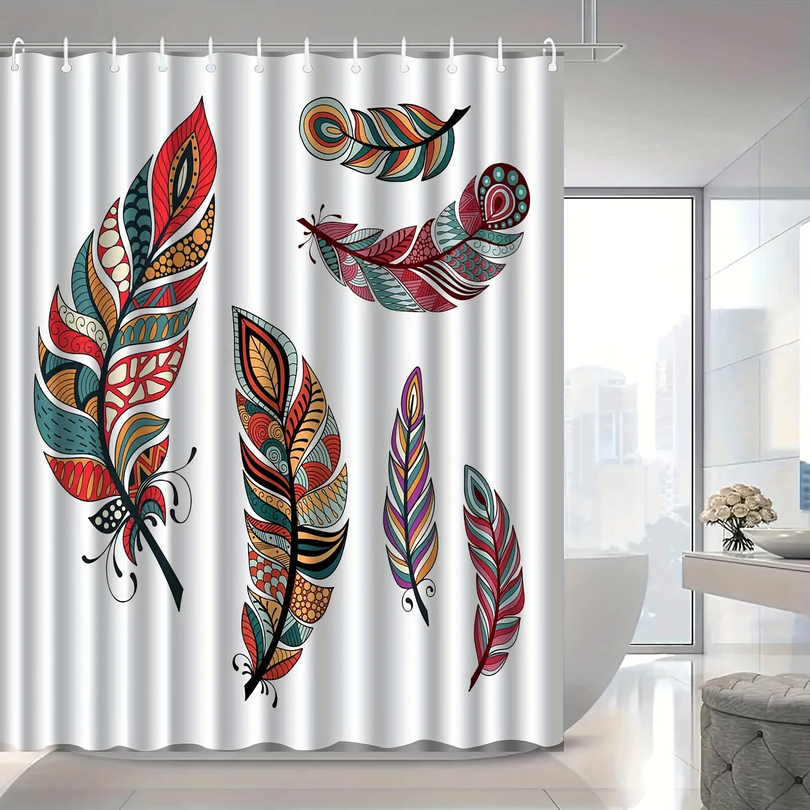 JIT1pcs Light Luxury Simple Color Feather Shower Curtain, High-end Elegant and Anti Fog Bathroom Curtain, Multifunctional Curtai