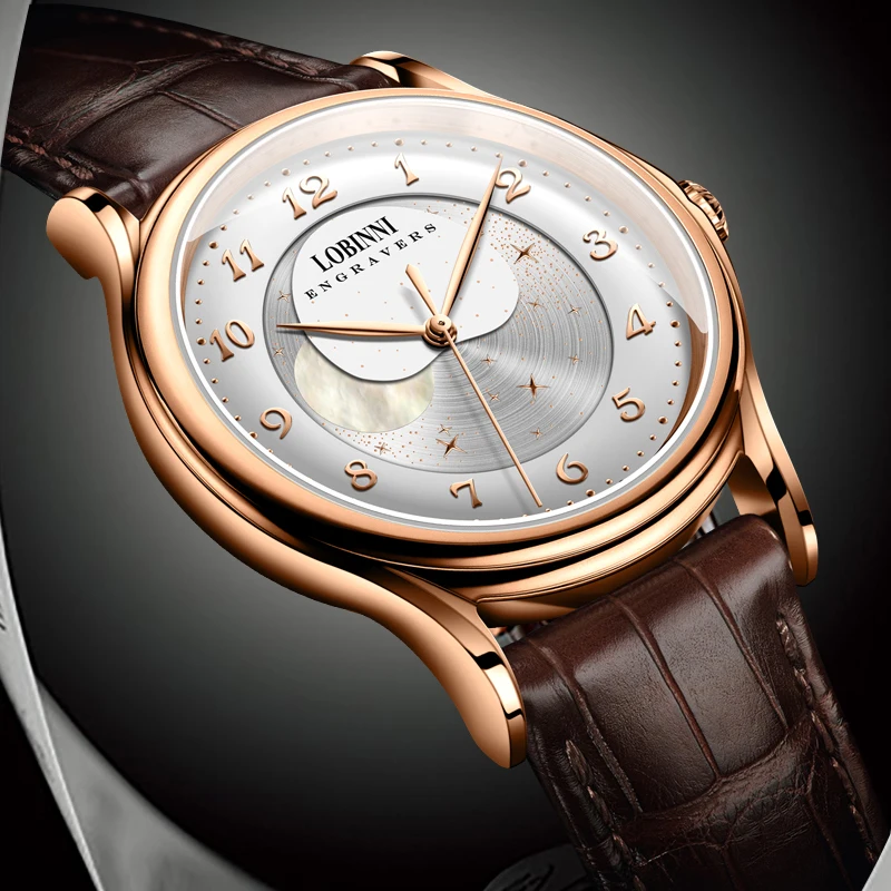LOBINNI Modern MIYOTA Movement 42mm Relógio de pulso Fase da lua Relógio automático com corda automática