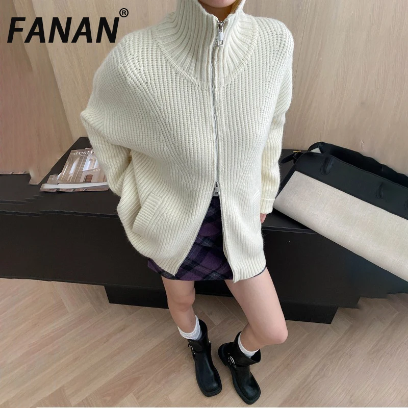 

FANAN Minimalism Wool Knitting Cardigan Sweater For Women Lapel Double Zipper Design Long Sleeve Loose Tops 2025 Autumn New