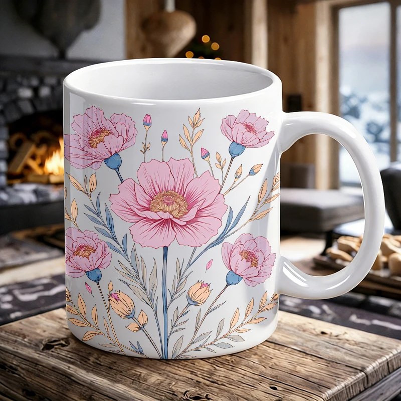 

Pink Poppy Floral Ceramic Mug Delicate Watercolor Flower Coffee Cup, Milk Cup, Office Cup, Gift for Friends, Fade-Resistant