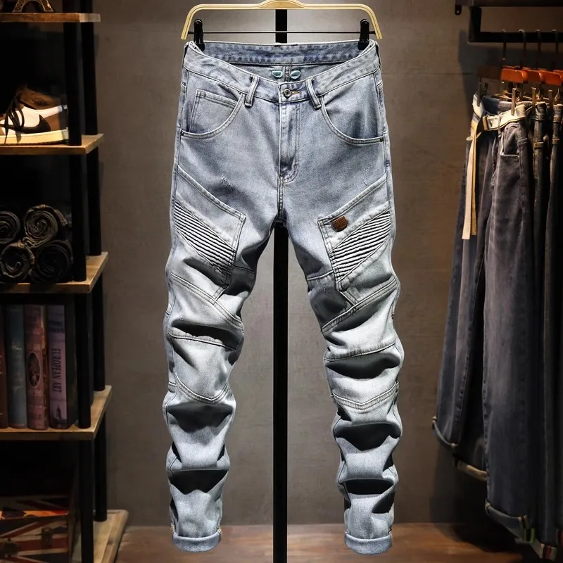 

Street Designer Fashion Men Jeans Retro Light Blue Stretch Slim Fit Multi Pockets Denim Cargo Pants Patched Hip Hop Biker Jeans