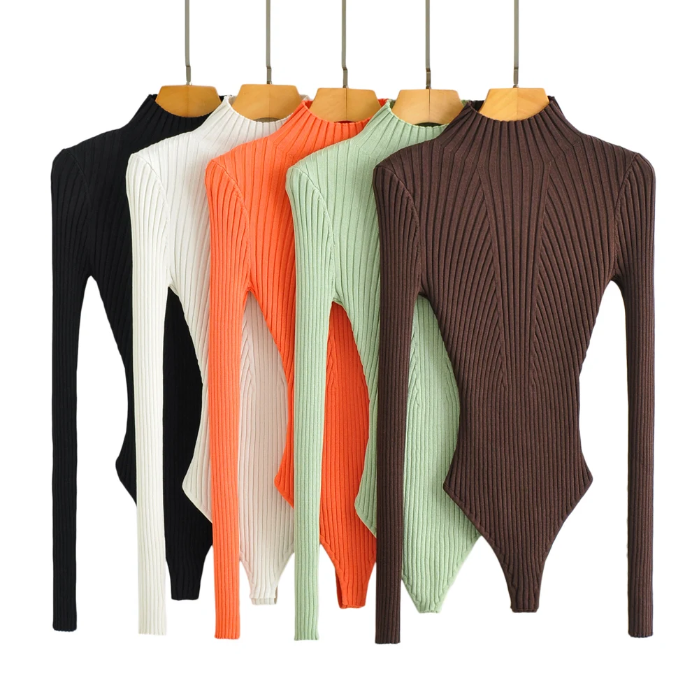 Long sleeve bodysuit fashion sexy​ ​lingerie women body knit black bodysuit bodycon body suit ribbed one-pieces sexy tops orange