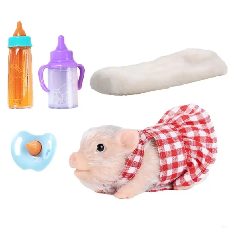 76HF فستان زهرة قابل للعصر خنزير محاكاة لعبة مادة السيليكون الناعمة مع زجاجة تستخدم في الرضاعة لتخفيف التوتر