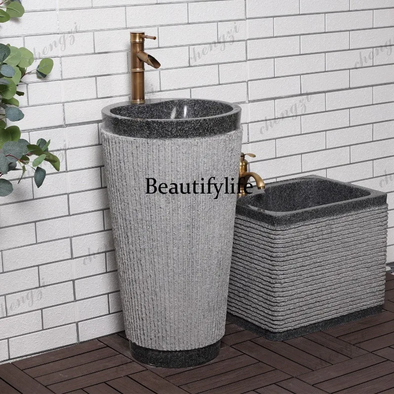 A68 Outdoor courtyard wash basin, villa garden integrated pillar basin, natural stone wash basin
