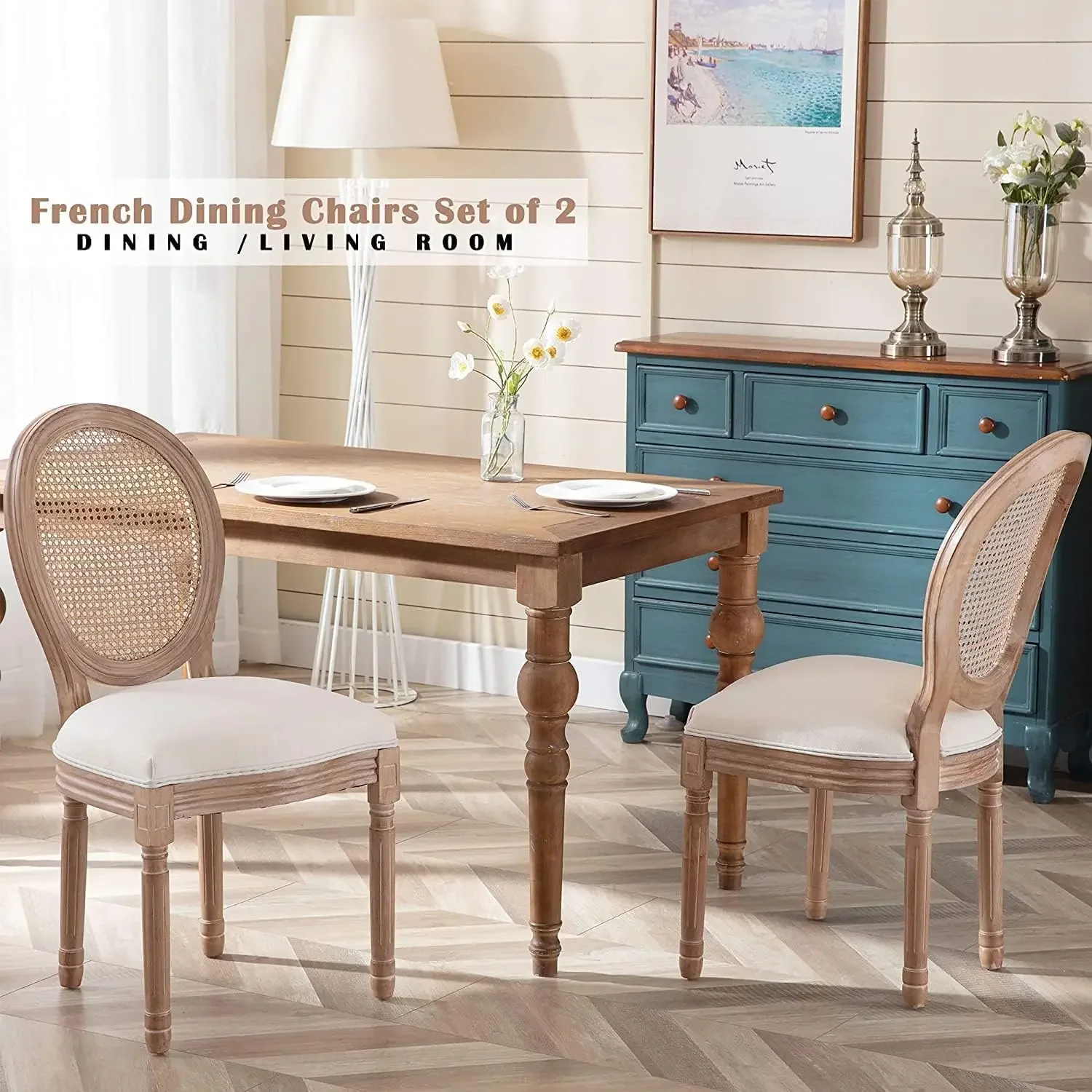 Farmhouse Fabric Dining Room Chairs Set of 6, French Chairs with Round Back, Rattan Dining Chair, Oval Side Chairs