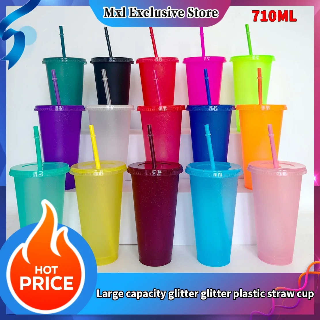 24OZ 710ML glitter straw cup large capacity PP single-layer plastic cup 710ml glitter beverage mug with straw