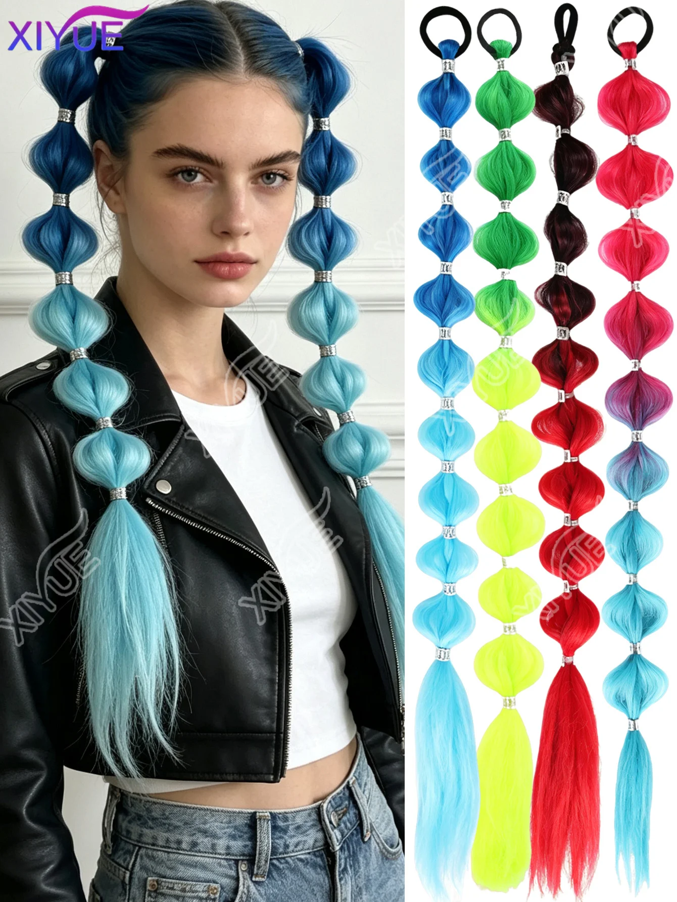 XIYUE Synthetic Silver‑clasp Ponytail Extension Corlorful Bubble Braid Long Lantern Braided  Hairpieces for Women ponytail XY