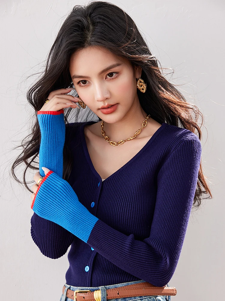 Autumn Winter Knitted Sweater Women Fashionable Sexy V-neck Sweater Contrast Color Long Sleeve Slim Fit Tops