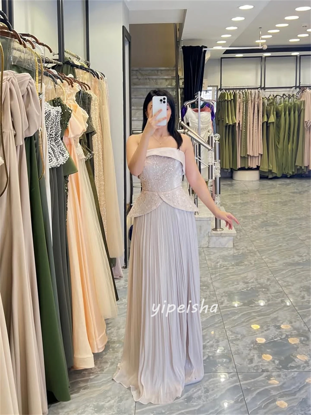 맞춤형 모던 스타일 패션 스팽글 비딩 스트레이트 스트랩리스 롱 드레스 맞춤형 행사 드레스 사이즈 선택 가능 포멀