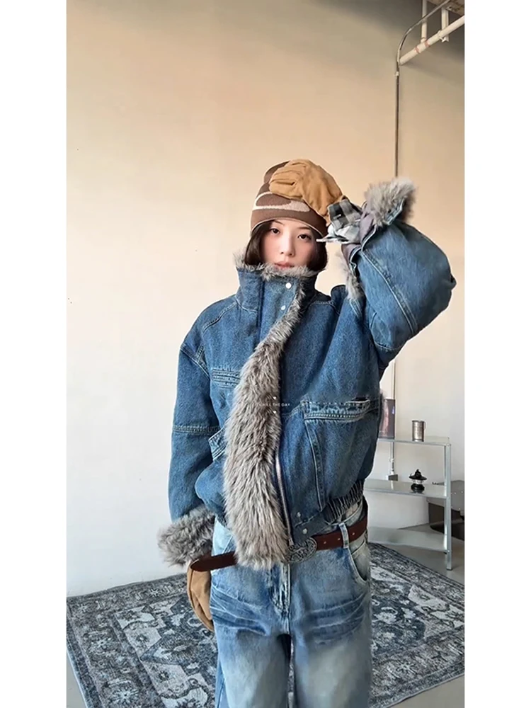 

Мужская зимняя куртка из американского денима с деконструированным меховым воротником и орлом, теплая хлопковая одежда
