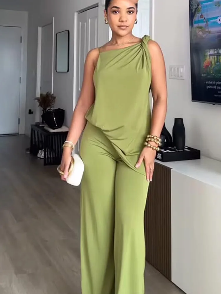 HH-traje de pantalones lisos para mujer, traje asimétrico sin espalda con decoración plisada, Top con tirantes + pantalones de pierna ancha caídos con cintura elástica elegante
