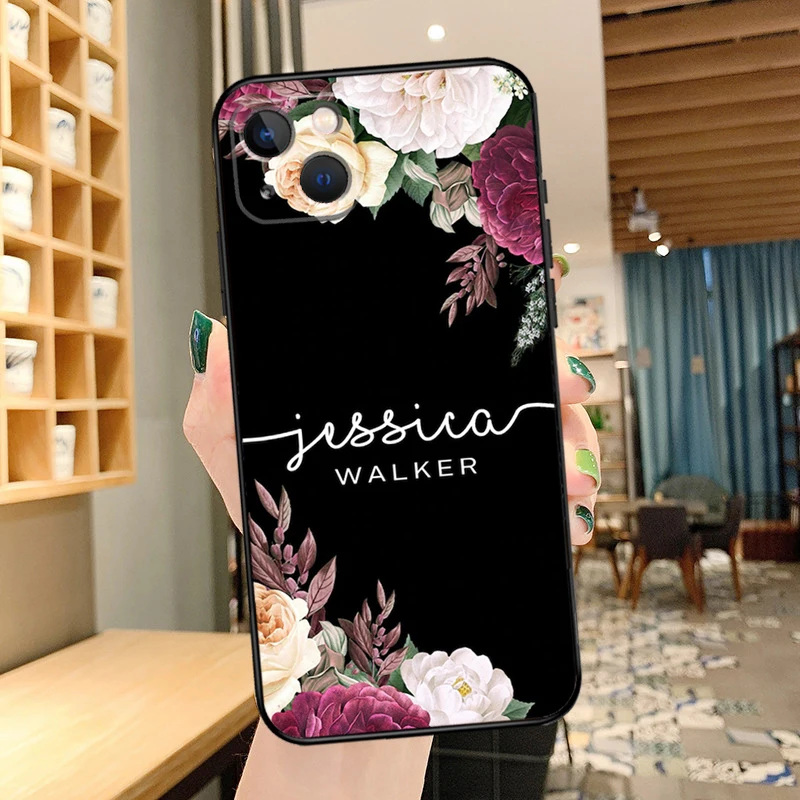 PERSONALISIERTE Blumen-Namensabdeckung für iPhone 14 15 16 Pro Max XS XR X Hülle für iPhone 11 12 13 Pro Max Mini Plus