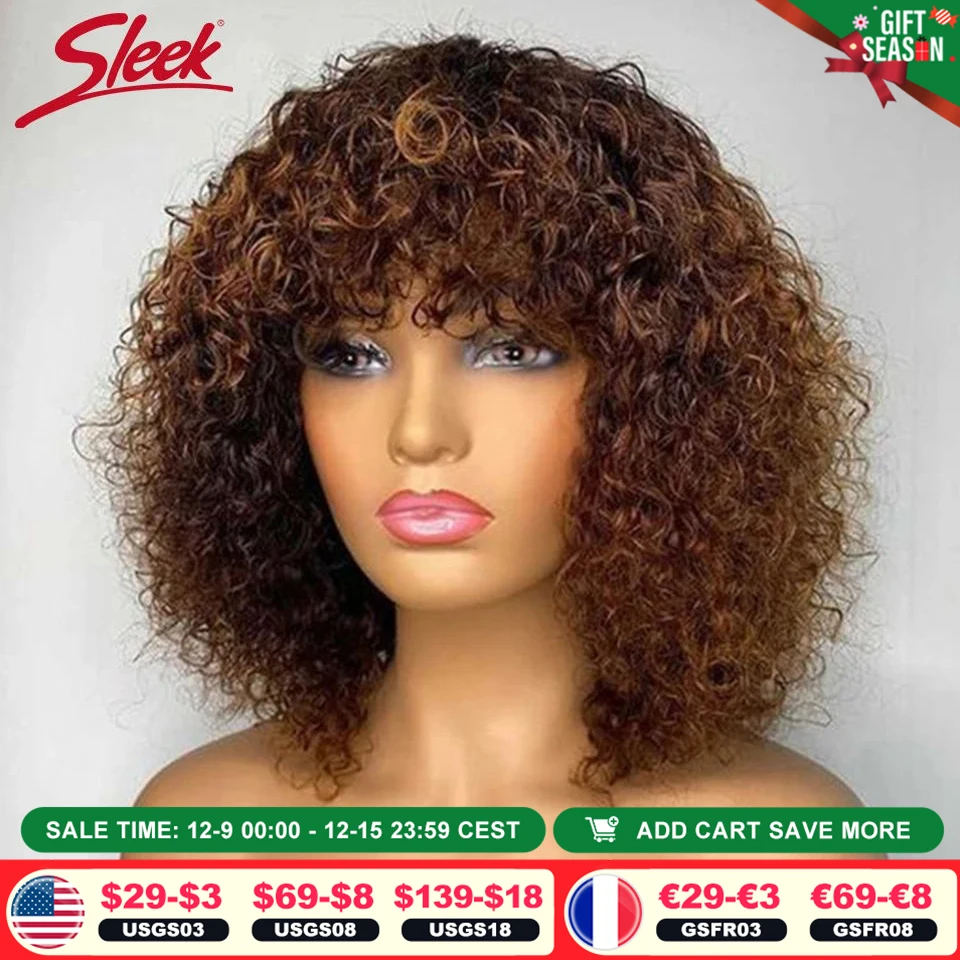 Pelucas de cabello humano peruano con corte Bob Pixie, pelo corto con flequillo, rizado Jerry, sin encaje frontal, resaltado, color rubio miel