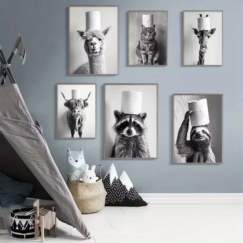 

6pcs Animal Bathroom Murals Paper Rolls Highland Cattle Raccoons Modern Art Canvas Paintings Toilet Decoration Posters Frameless