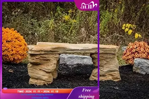 Cast Stone Petrified Rock Bench, Commercial Grade Concrete Benches, 3 Piece Concrete Bench, Hand Sculpted Fine Cast Stone Patio