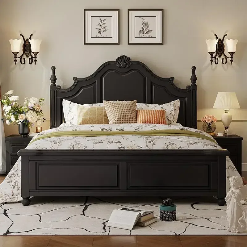 

Medieval black solid wood bed modern simple French retro master bedroom high box storage wedding bed