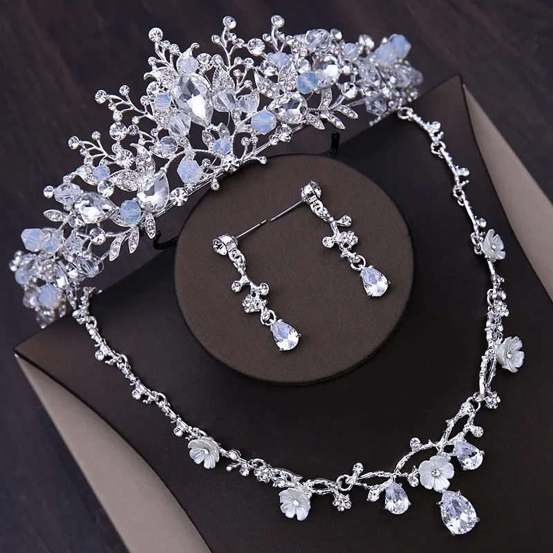 Flower Crystal Bridal Jewelry Sets Handmade Tiaras Earrings Necklace Crown Wedding Dress Bride Jewelry Set Prom