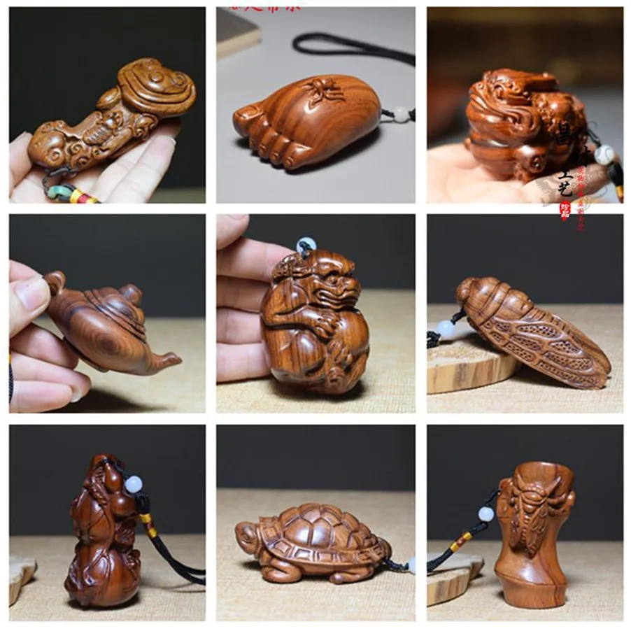 Chinese Style Keychain Sandalwood Wood Carving Pendant Lucky Jewelry Hand play Unisex Chinese Buddha Keyring For Car Bag Wholesa