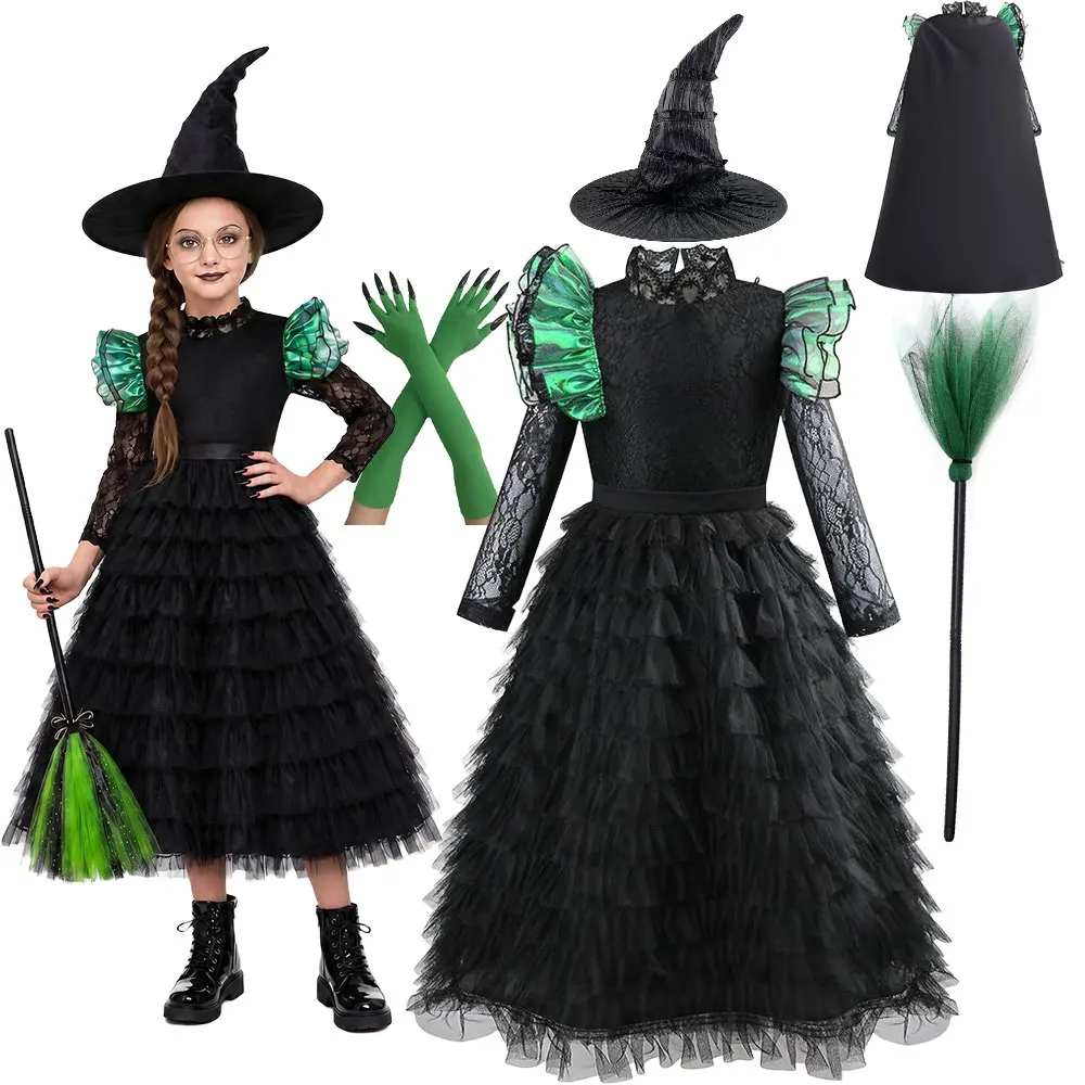 Inspired from For Good Kid Witch Role Play Dress Lace Green Ruffle Shoulder Girl Halloween Elphaba Cosplay Costume Gothic Outfit