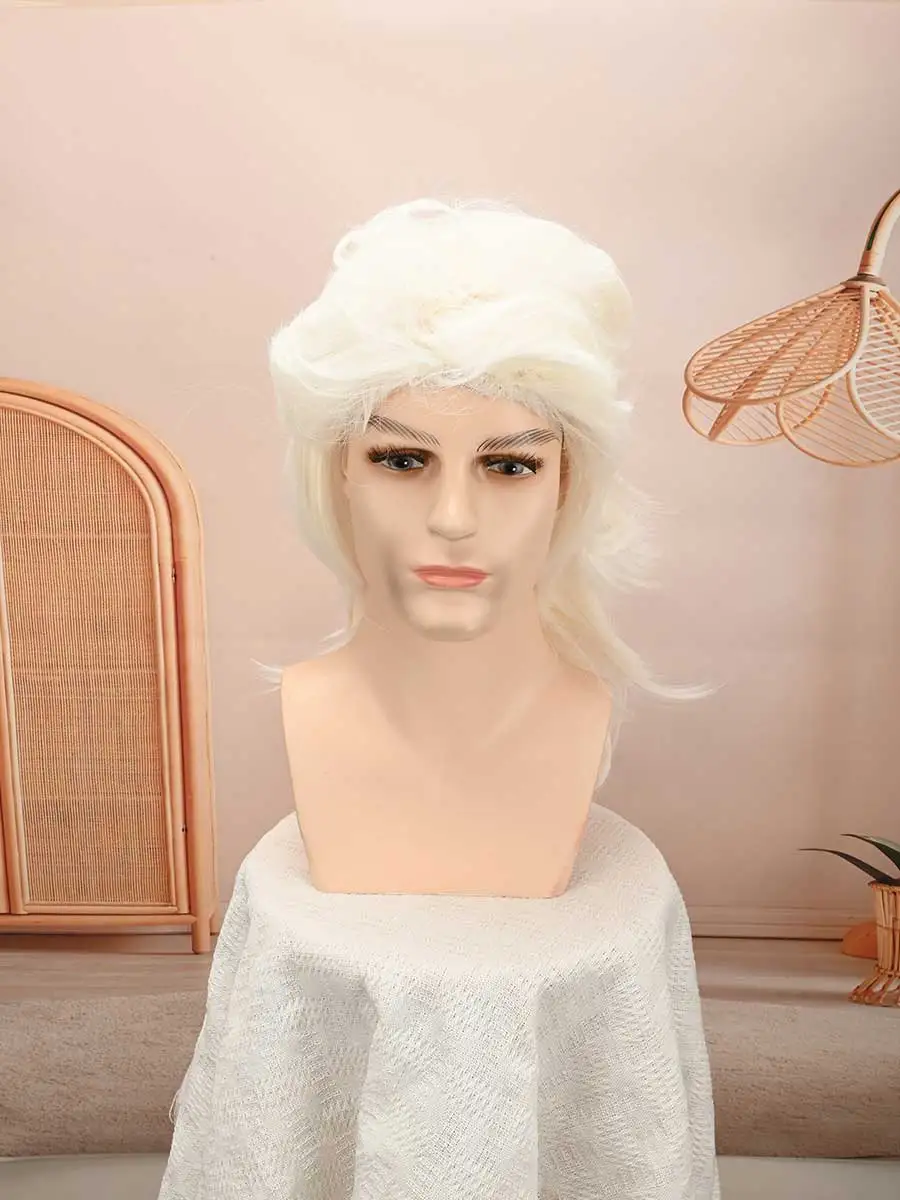 Men's White Mullet Wig, Fluffy Wavy Layered Synthetic Costume Wig, Natural Looking White Wig for Halloween Party Cosplay