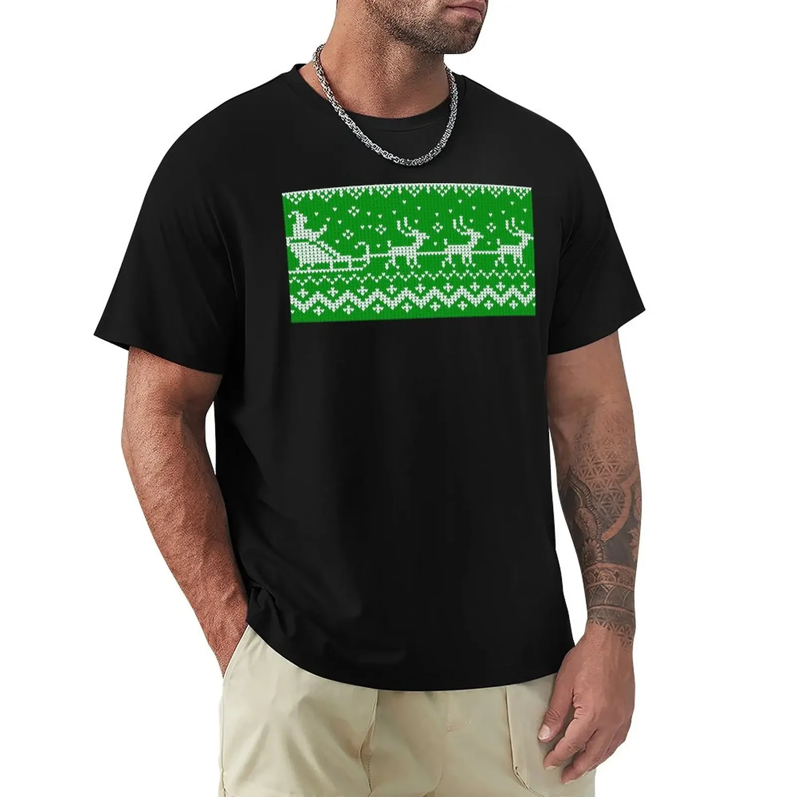 

Green ugly sweater pattern Santa Claus and reindeer T-Shirt tees men clothing