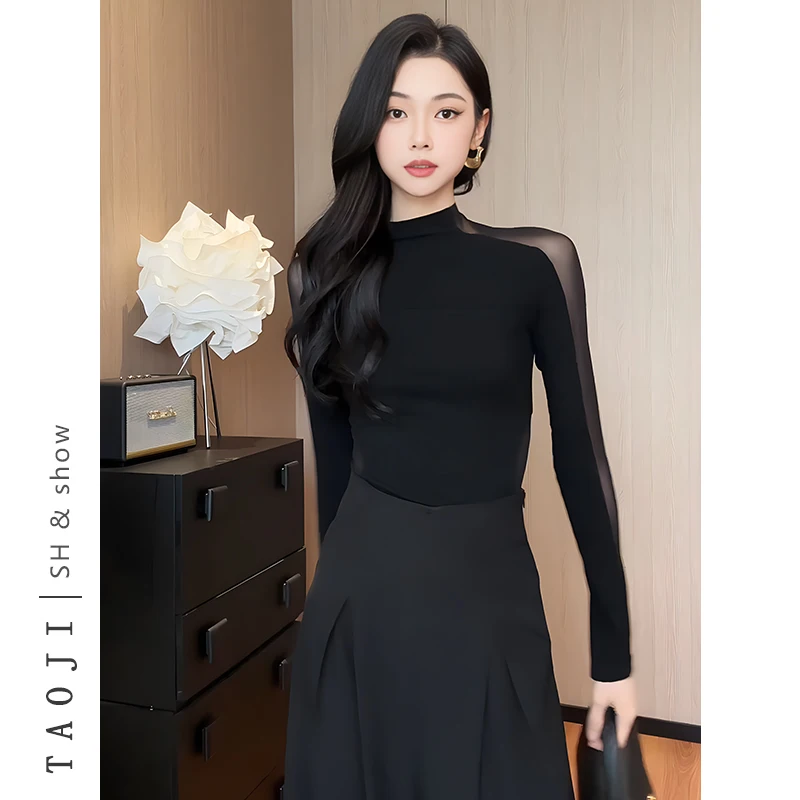 Sexy Mesh Splice Half High Collar Long Sleeve Black Top Women's Autumn Style Elegant Maturity Slim Fit Base Layer T-shirt