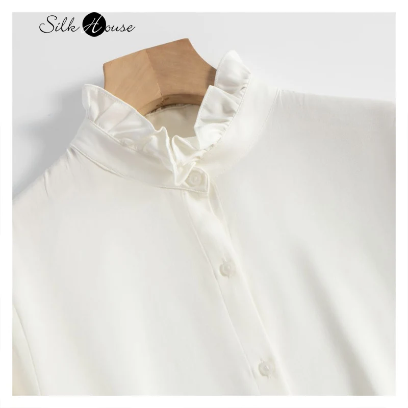 

19MM 93% Natural Mulberry Silk Elastic Double Qiao Satin White French Commuter Long Sleeved Petal Collar Women's Office Shirt