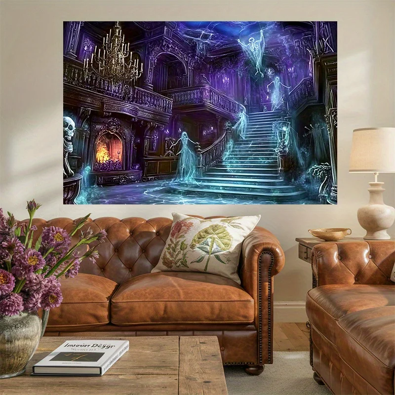 VIKAMA Halloween Gothic Wall Tapestry Purple Mist Ghost Castle Spiral Staircase Skull Retro Manor Wallpaper Party Decoration