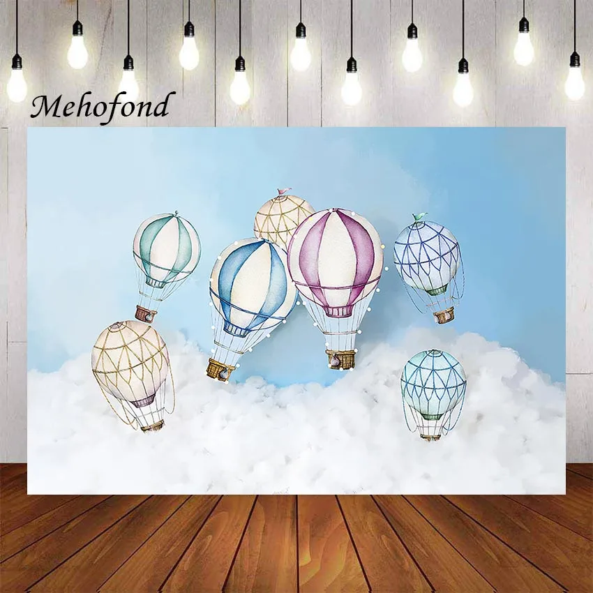 

Mehofond Photography Background Hot Air Balloon Blue Sky White Clouds Kids Birthday Party Portrait Decor Backdrop Photo Studio