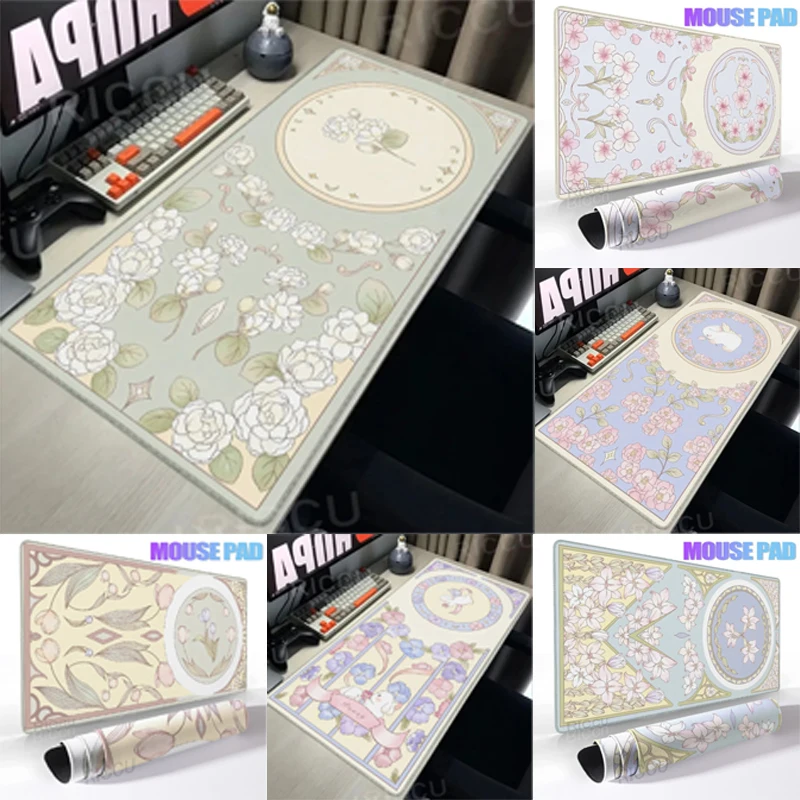 Gaming Green Plant Flower Aesthetics Rabbit Computer Mouse pad  Playmat Natural Rubber HD Office Carpet Computers Kawaii Pads