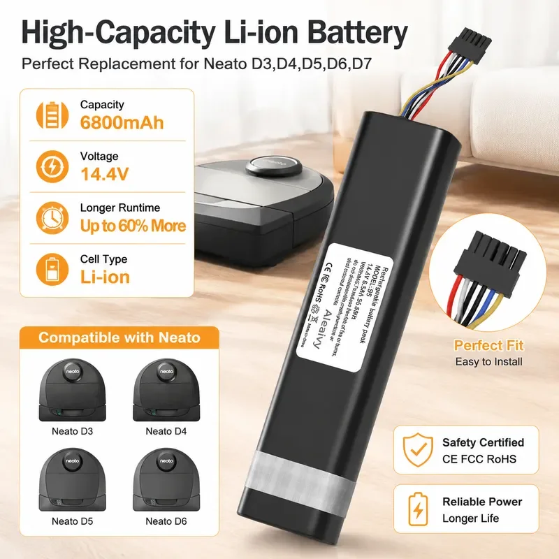 6500mAh 14.4V Li-Ion Replacement Battery for Neato D3 D4 D5 D6 D7 Robotic Vacuum Cleaner Part Number 945-0225
