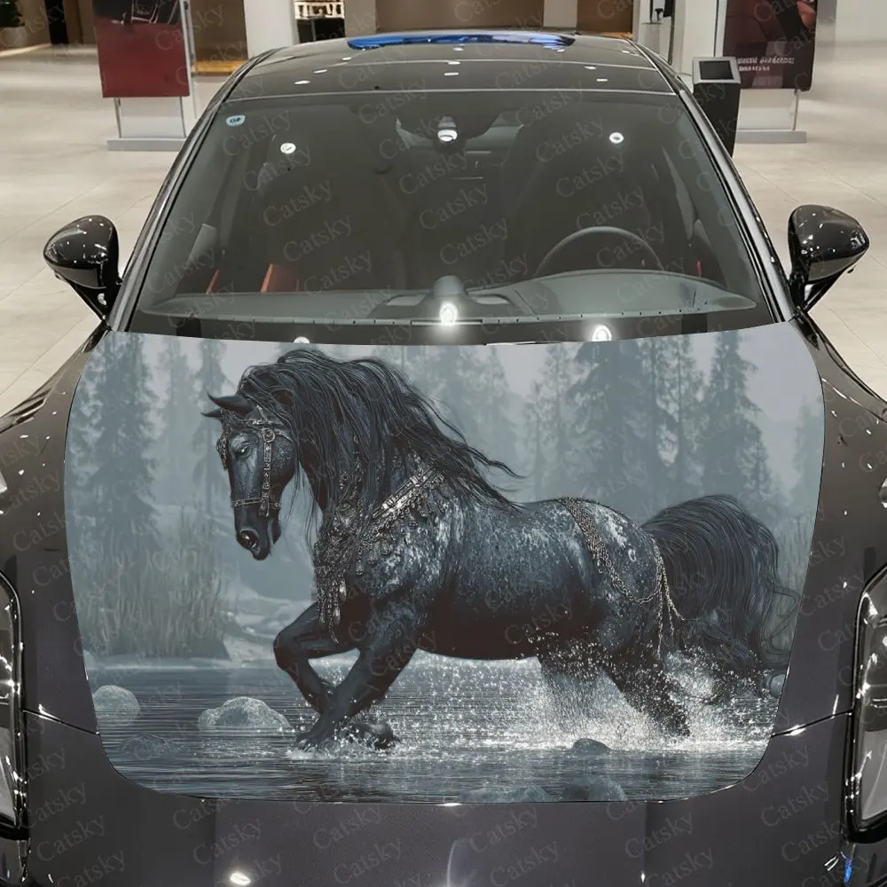 Pale Wood Ink Horse Splashing Wave Car Vinyl Wrap, PVC Waterproof Car Hood Sticker, Self-Adhesive Scratch-Resistant Stickers