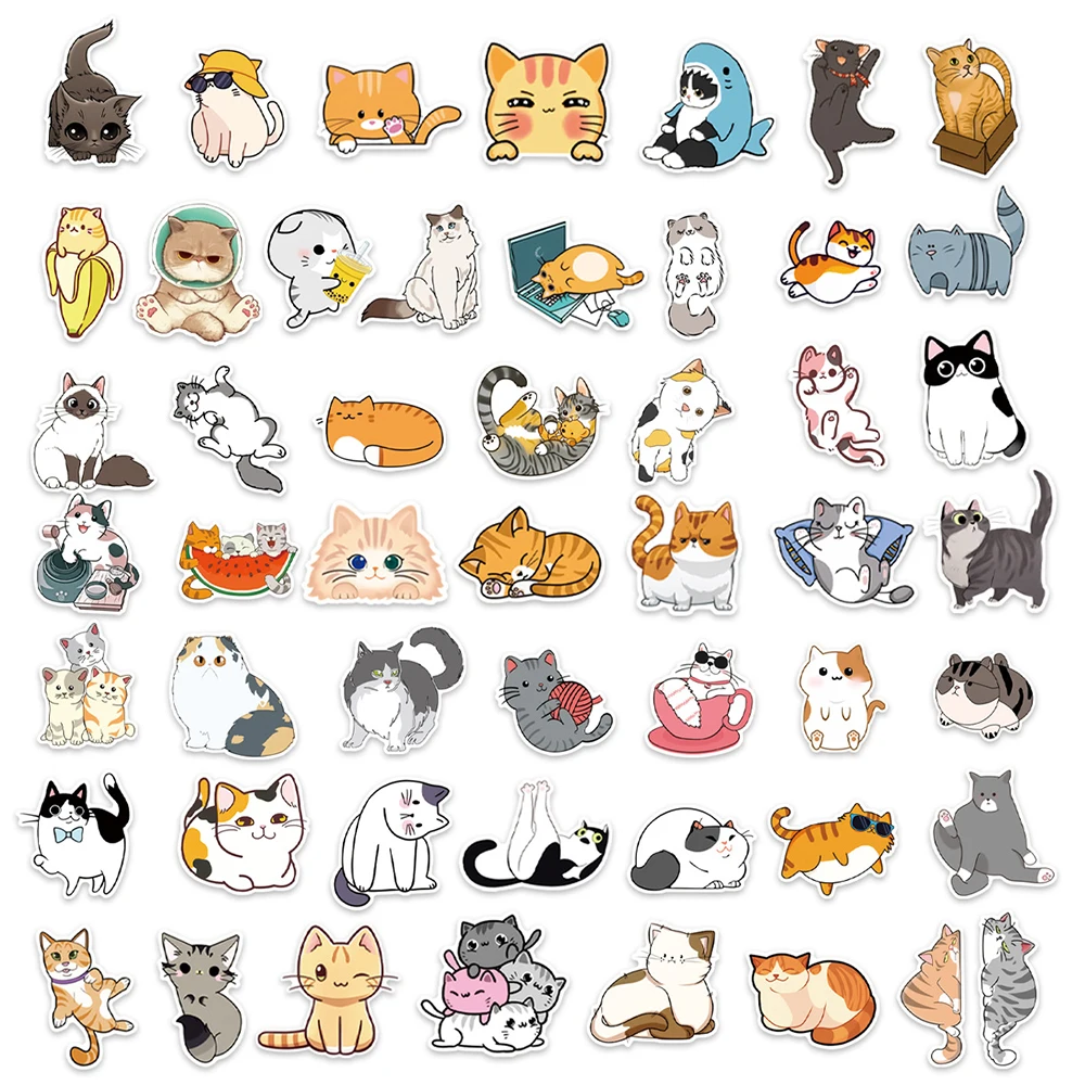 10/30/50/100pcs Cat Cartoon Stickers Waterproof Animal Sticker Diary Scrapbooking Phone Wall  Skateboard Car Kid Decal Toys Gift