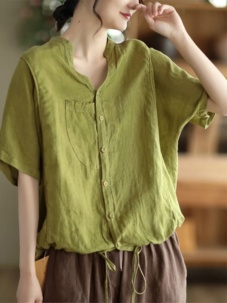 

Женский тонкий топ в стиле ретро из хлопка и льна, свободного кроя, однотонный, с пуговицами, для повседневной носки