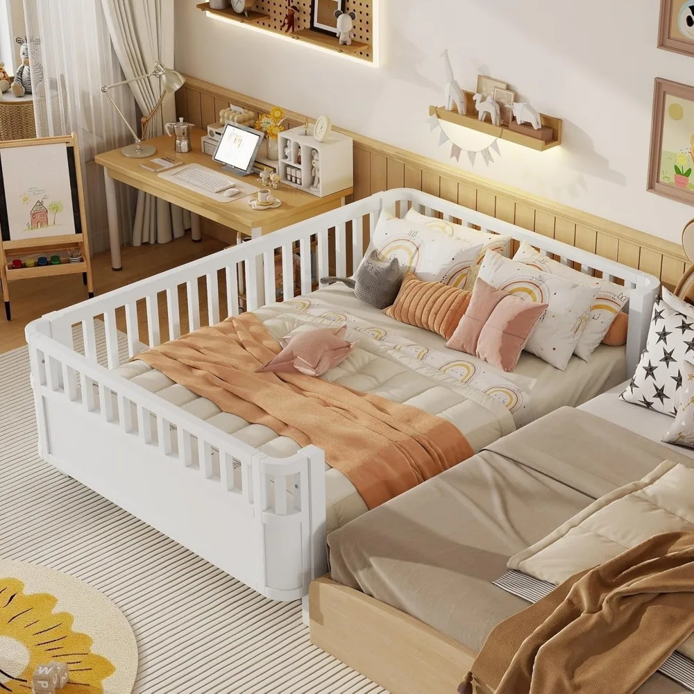 Tempat Tidur Kayu Ukuran Penuh Bergaya Montessori dengan Profil Rendah dan Rel Pengaman, Tempat Tidur Anak Hemat-Ruang untuk Anak Laki-Laki